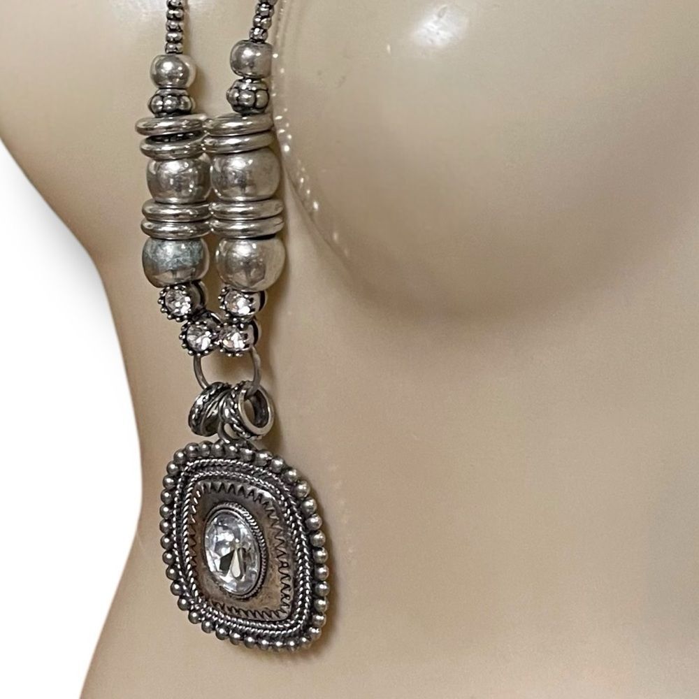 C1946 Chunky Large Silver Rhinestone Pendant Popc… - image 8